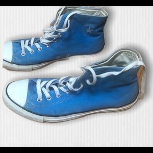 Converse men’s 12 woman’s 14. Light blue and grey.